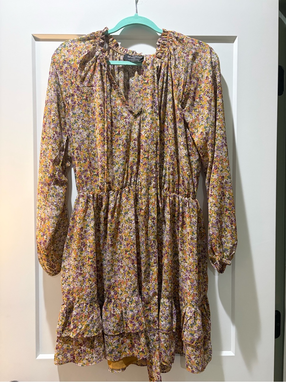 MINKPINK Yellow Multi Floral Ruffle-Neck Dress